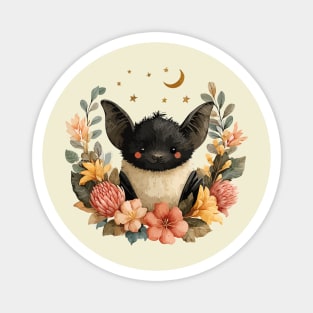 Whimsical Bat & Moon in a Floral Wreath - Gothic Cottagecore Art Magnet